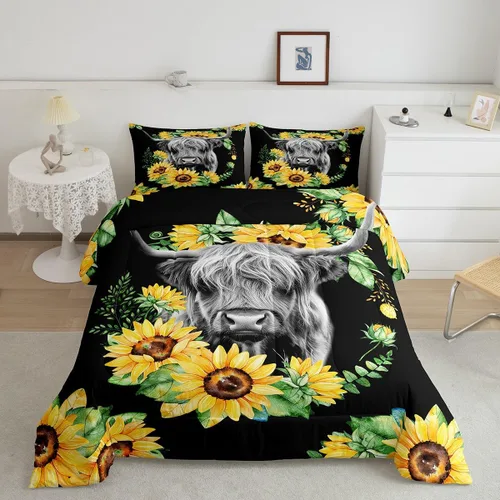 Vista 24 de Ropa de cama con estampado de vaca marrón tamaño individual, juego de edredón rústico de piel de vaca con calavera de vaca, relleno de edredón