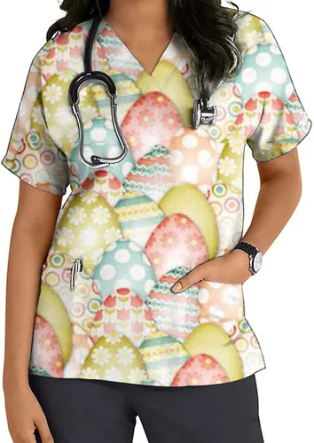 Vista 2 de Flower Print T Shirt for Women Fall Summer Short Sleeve V Neck Work Scrub Easter Tops T Shirt Women 2023 Fashion