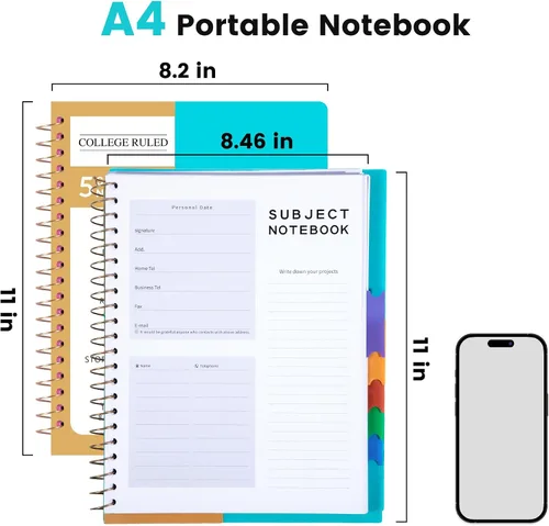 Vista 7 de CAGIE Cuadernos de espiral para trabajo escolar con pestañas divisorias extraíbles, cuaderno de 5 materias de 8.5 x 11 pulgadas, a rayas