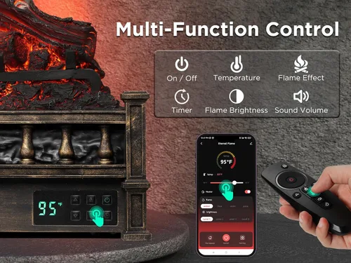 Vista 5 de TURBRO Eternal Flame - Calentador eléctrico de cuarzo infrarrojo WiFi de 26 pulgadas con sonido crujiente, troncos de madera de limón realistas