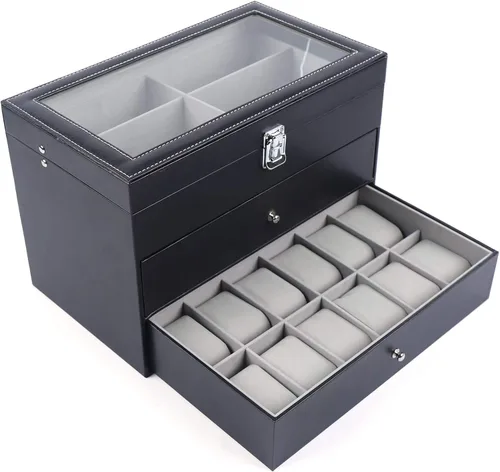Vista 5 de Caja de cuero para 12 relojes y 12 piezas de almacenamiento para lentes y gafas de sol, cajón con cerradura con cerradura, color negro