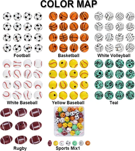 Vista 4 de Firstmeet Cuentas redondas pintadas de madera de 0.591 in, 60 unidades, cuentas sueltas en forma de baloncesto para hacer joyas, cabello