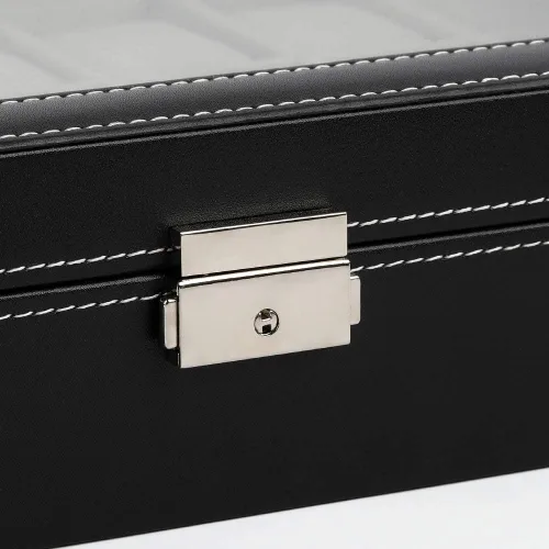 Vista 6 de JS NOVA JUNS Caja de reloj, 24 ranuras para hombre, organizador de relojes con cerradura y tapa acrílica grande, piel sintética negra