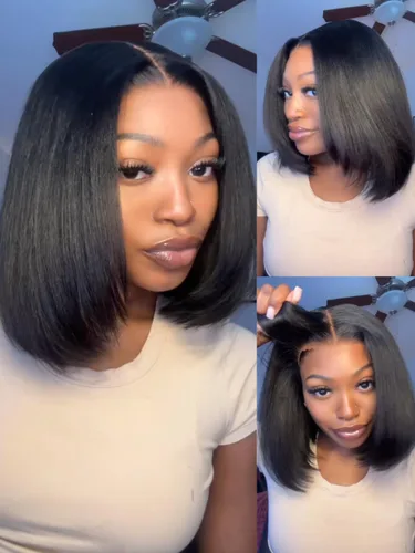 Vista 10 de KLAIYI Peluca de cabello humano con encaje frontal precortada 7x5, corte Bob en capas, corte romo, cordón sin pegamento, peluca predepilada