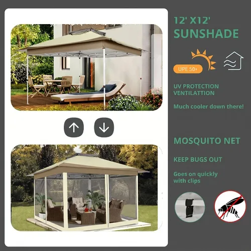 Vista 6 de COBIZI Cenador portátil desplegable de 12 x 12 pulgadas con mosquiteras, fácil de montar, de metal, impermeable, 4 cuerdas, 8 estacas y bolsa
