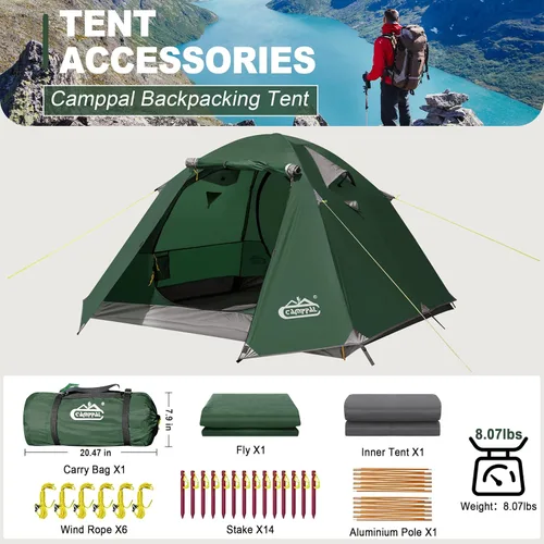 Vista 8 de Carpa de mochilero Camppal de 2-3 personas con puerta doble y 2 vestíbulos, impermeable, a prueba de viento, ligera, fácil de montar, para 3