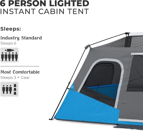 Vista 2 de CORE Instant Cabin Tents with LED Lights Family Multi Room Lighted Pop Up Tents for Camping Included Storage Pockets for Camping Accessories