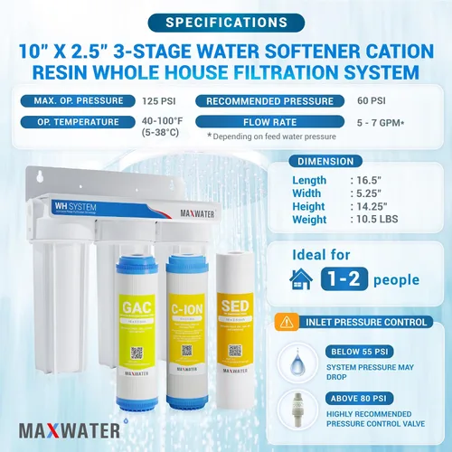Vista 2 de Max Water Sistema de filtración de agua estándar de 3 etapas de ablandamiento de agua de 10 pulgadas para toda la casa – Sedimento + resina