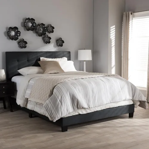 Vista 2 de Baxton Studio Elaina - Cama de tela moderna y contemporánea, matrimonial, color gris oscuro