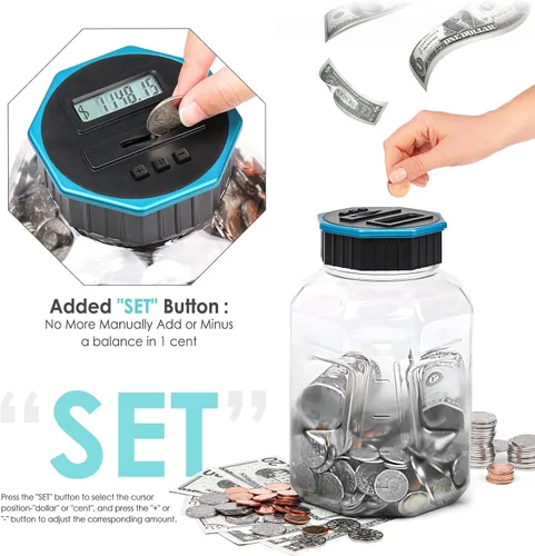 Vista 5 de Alcancía X-Large para adultos y niños, Vcertcpl banco digital contador de monedas con contador LCD, capacidad de 2.4L, excelente banco contador