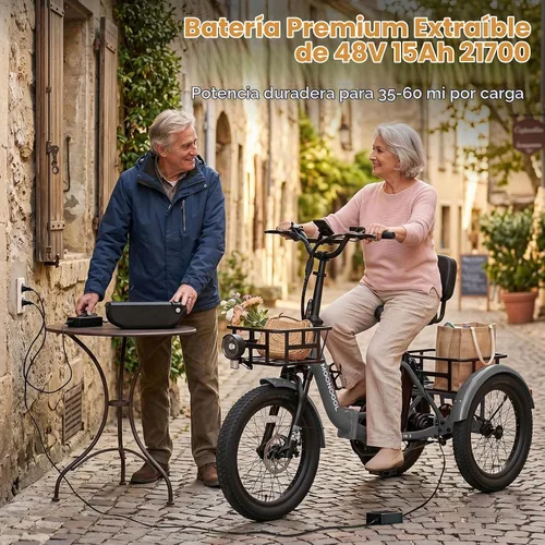 Vista 7 de MOONCOOL Triciclo eléctrico para adultos, E-Trike plegable con modo inverso Gris