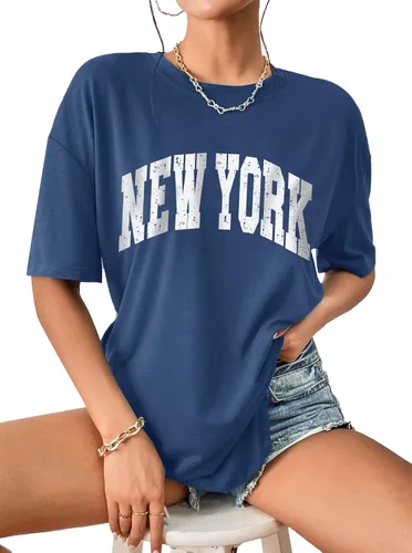 Vista 5 de Remidoo Camiseta casual de manga corta para mujer, de gran tamaño, holgada, con estampado de letras, blusa