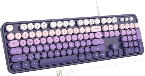 Vista 20 de Atelus Teclado USB con cable con retroiluminación de 7 colores, teclado de tamaño completo con teclas retro, teclado numérico y tecla de acceso