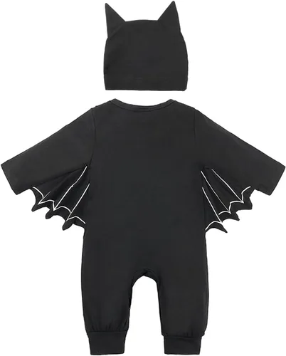 Vista 3 de FANCYINN Disfraz de murciélago negro para bebé, mameluco con gorro, disfraz de murciélago de Halloween, 2 piezas, 3-24 meses