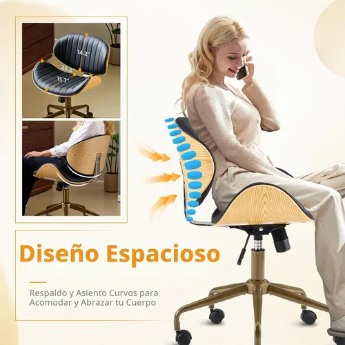 Vista 9 de VINGLI Silla giratoria de oficina en casa amplia y cómoda con carcasa curvada de grano de madera, silla de escritorio ergonómica acolchada sin negro