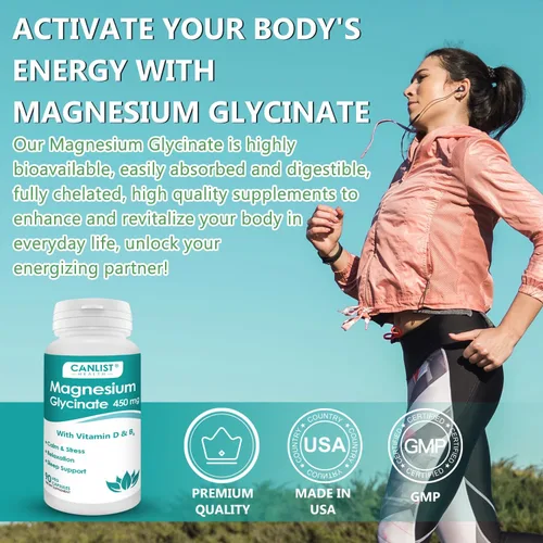 Vista 5 de CANLIST Suplementos de glicinato de magnesio de 450 mg para la salud ósea y muscular, apoya el sueño profundo, relajación muscular y alivio
