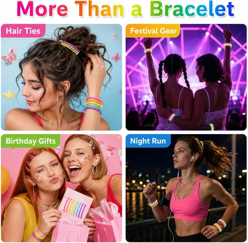 Vista 7 de 60 pulseras de gelatina de los años 80 para adultos, pulseras de goma de neón de MAQIHAN para mujeres, brazaletes de gelatina de los años 80, bandas