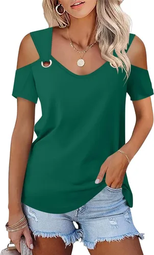 Vista 25 de Minetom - Camisetas básicas de verano para mujer, de manga corta, con hombros descubiertos y cuello en V