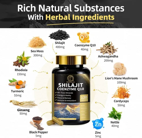 Vista 5 de Shilajit para hombres con musgo marino y ashwagandha, Hima*Layan Shilajit 12 en 1, suplementos de cápsulas con coenzima Q10, ácido fúlvico y ácido