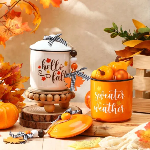 Vista 5 de Tanlade Tazas de café de otoño de Acción de Gracias, tazas blancas y naranjas con tapa, taza de cerámica con lazo a cuadros de búfalo y cuentas