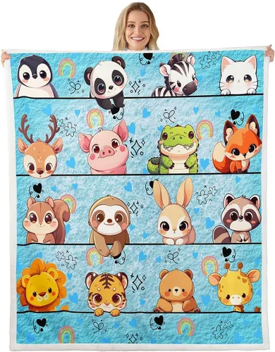 Vista 10 de Manta de franela de animales de dibujos animados para todas las estaciones, manta de cama azul con estampado de amor Kawaii para decoración