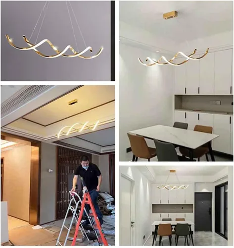 Vista 6 de Moderna iluminación colgante dorada en espiral, lámpara LED para colgar en el techo, compatible con mesa de comedor sobre el fregadero, cocina