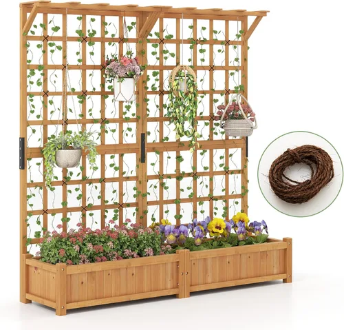 Vista 2 de HAPPYGRILL Cama de jardín elevada de 71 pulgadas con enrejado y 2 techos