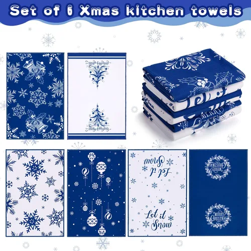 Vista 2 de Tatuo 6 piezas de toallas de cocina de Navidad copo de nieve árbol de Navidad alegre campana toallas de cocina toallas de mano absorbentes de cocina