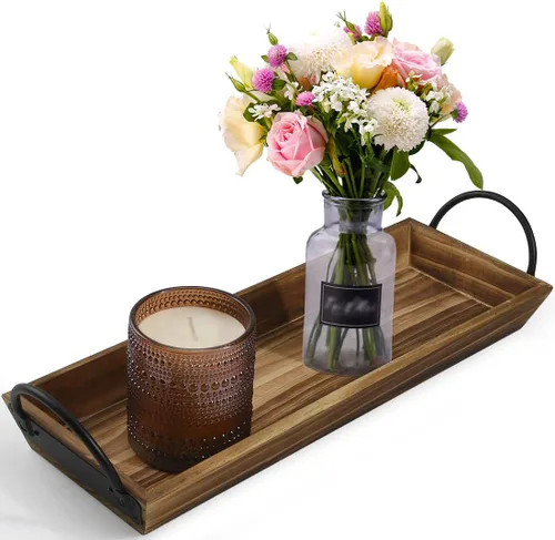 Vista 9 de Bandeja de velas rectangular de madera con asas de metal negro, portavelas de madera rústica para exhibir velas, centros de mesa para mesa
