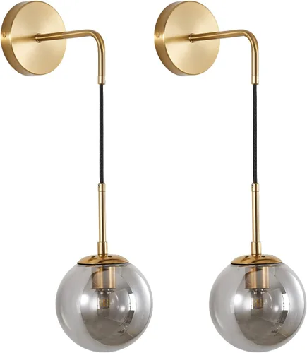Vista 11 de KCO Lighting Juego de dos apliques de pared de vidrio blanco esmerilado con globo esférico dorado de latón, luz de pared con cable ajustable