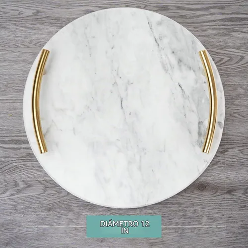 Vista 3 de Bandeja de mármol blanco con asas doradas, bandeja decorativa redonda de mármol para tocador