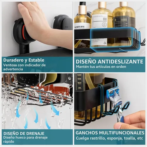 Vista 6 de TAILI Shower Caddy Ventosa Acero Inoxidable Metal Indicador Visible Negro