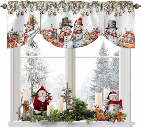 Vista 5 de Cenefa de amarre de muñeco de nieve de dibujos animados para ventanas de cocina, bolas de Navidad, ramas de hojas, cenefas de cortina de 42 x 12