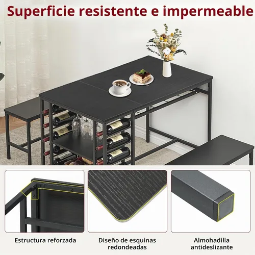 Vista 7 de IDEALHOUSE Juego de mesa de comedor para 4, juego de mesa de cocina para 4 con 2 bancos, juego de mesa de comedor rectangular con estante para Negro