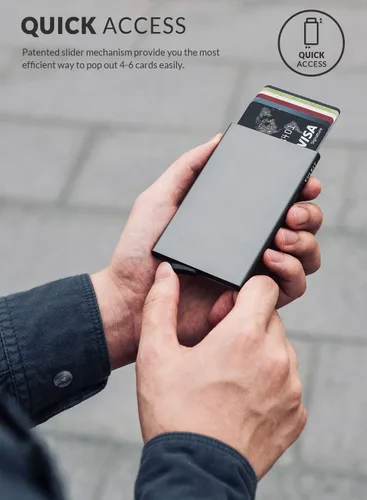 Vista 45 de VULKIT Cartera desplegable, soporte minimalista para tarjetas de crédito, bloqueo RFID, funda de metal delgada para hombres