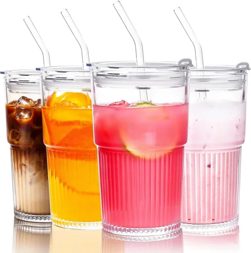 Vista 12 de Juego de 2 vasos de vidrio acanalado con tapas y pajitas de 13 onzas 2 unidades transparentes de 13 onzas
