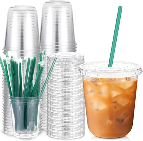 Vista 14 de Baderke Juego de 25 vasos de plástico con tapas y pajitas, tazas de plástico desechables para café helado, jugo, batido, cristal para cafeterías