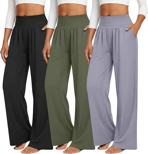 Vista 50 de Neer - Conjunto de 3 pantalones de yoga de pierna ancha para mujer - Pantalones deportivos cómodos, holgados, de cintura alta y casuales