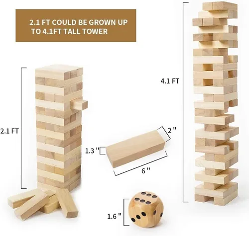 Vista 2 de Gentle Monster Torre gigante con dados y tablero de juego, juego de apilamiento de madera de gran tamaño, juegos clásicos al aire libre para adultos