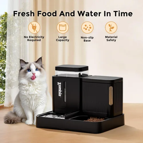 Vista 5 de ZOMISIA Juego de alimentador automático para gatos y dispensador de agua, dispensador de alimentos para gatos por gravedad 2 en 1 con rotación