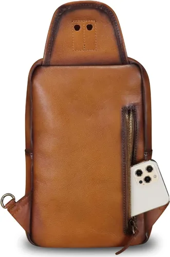 Vista 3 de LRTO Bolso bandolera de cuero genuino para motocicleta, hecho a mano, para senderismo, mochila de hombro retro, Marrón, Mochilas Sling