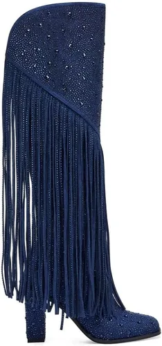 Vista 2 de Botas con borlas y diamantes de imitación para mujer, punta cuadrada, tacón grueso, botas altas hasta la rodilla