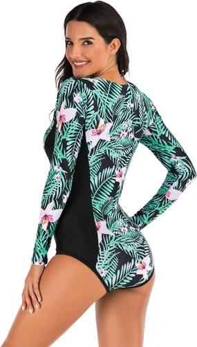 Vista 6 de LafyKoly Traje de baño de una pieza de manga larga para mujer, con protección UV, estampado de surf