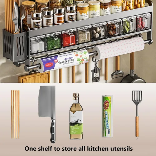 Vista 8 de Cuchillo colgante de pared para montaje en pared, taza de condimentos, estante de cuchillos que ahorra espacio con ganchos, organizador de cocina