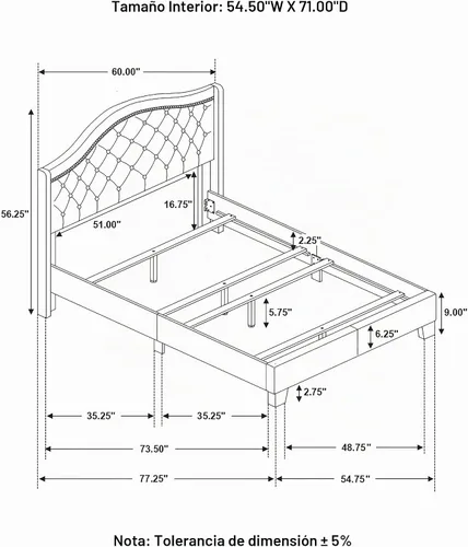 Vista 3 de Coaster Home Furnishings Sonoma - Cama de panel tapizada con perfil de camelback, acolchado de botones, ribete de cabeza de uñas cromadas y diseño