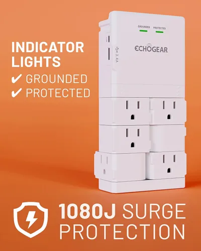 Vista 4 de ECHOGEAR Toma de pared con puertos USB y protección contra sobretensiones, 8 dispositivos 6 enchufes giratorios de CA, 2 incluye 1 puerto USB-C