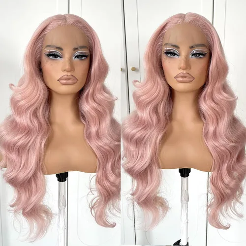 Vista 14 de #27 Peluca de encaje frontal rubia miel sin pegamento, onda corporal, pelucas de encaje frontal sintéticas prediseñadas, con línea de cabello