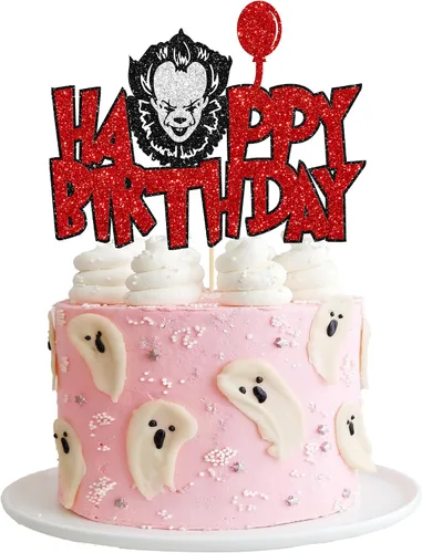 Vista 12 de 1 pieza de decoración de pastel de cumpleaños asesino ensamblada con purpurina de terror clásico de Halloween para tema de terror sangriento Negro