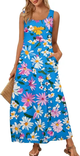 Vista 13 de Vestidos de iglesia para mujer 2025, casual, holgado, sin mangas, largo, fluido, vestido de verano con bolsillos