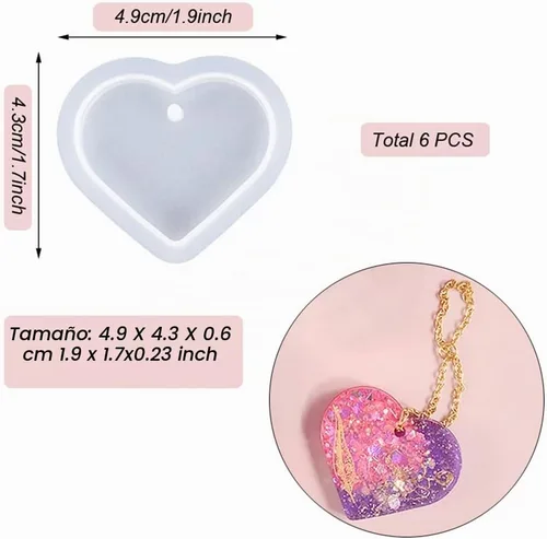Vista 4 de Weenkeey 6 piezas de molde de resina en forma de corazón, dijes de silicona para joyería de bricolaje y manualidades, collar colgante de corazón